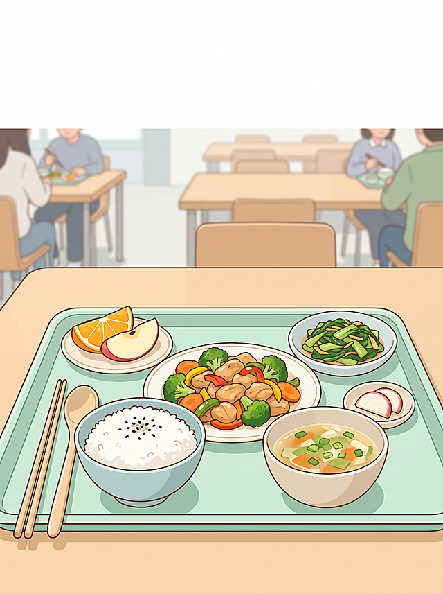小红书3:4竖版，清新治愈扁平插画风格，大学食堂餐盘特写，餐盘里摆放着均衡搭配的餐食，整体采用浅薄荷绿加奶白色配色，柔和自然光照射，画面干净简约，充满校园日常感，画面上方居中位置留空，方便后续添加大标题，画面中没有任何文字，高清细腻画质