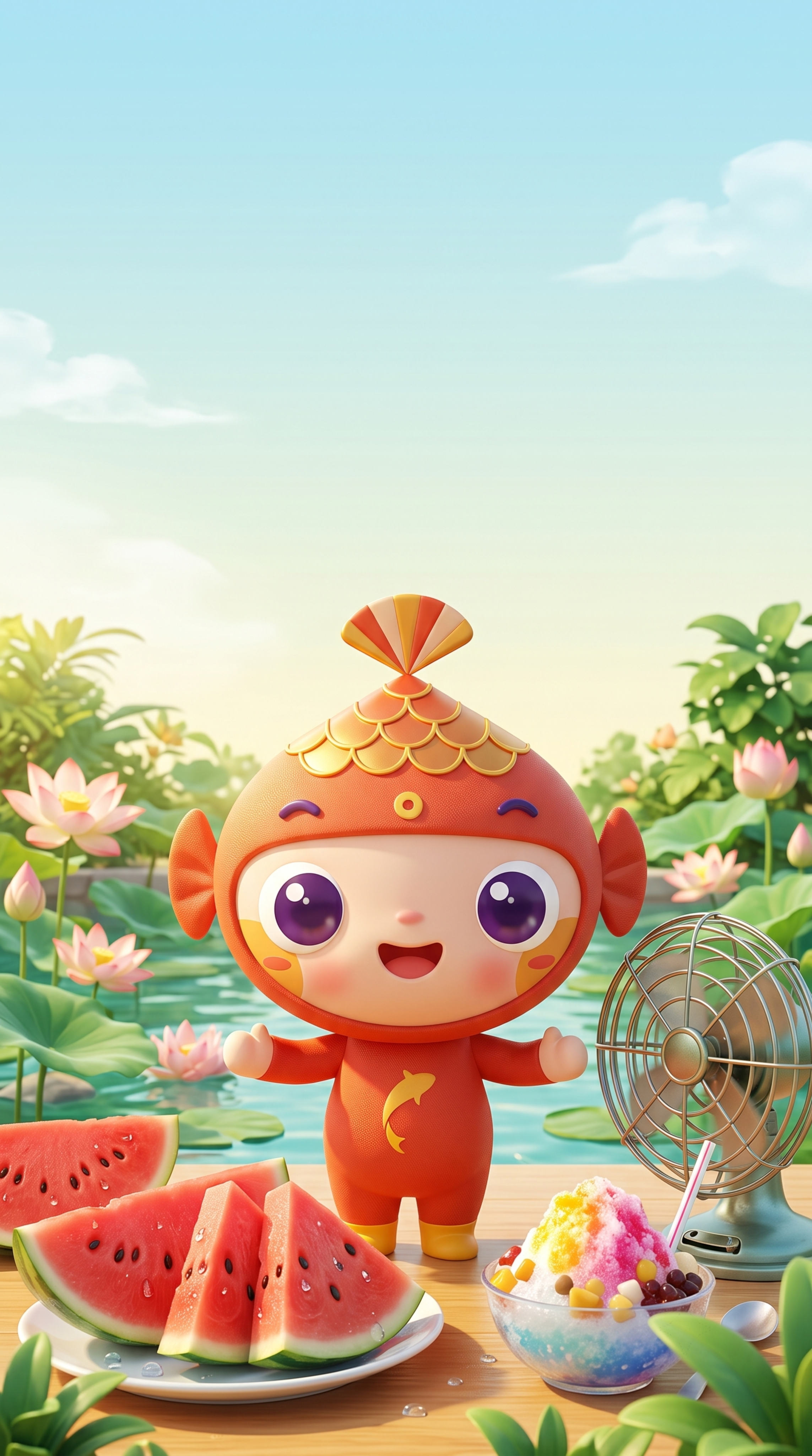 将原鲤鱼卡通形象调整为3D形式，生成小暑节气主题海报：人物处于… - 图片创意预览
