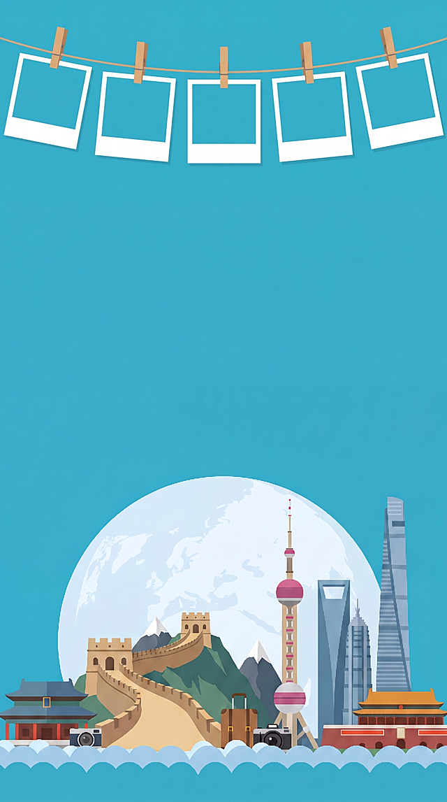 删除图片中的飞机元素，去掉北京上海之旅文字，保留其他原插画风格和湖蓝色背景，以及地标元素和照片夹区域不变