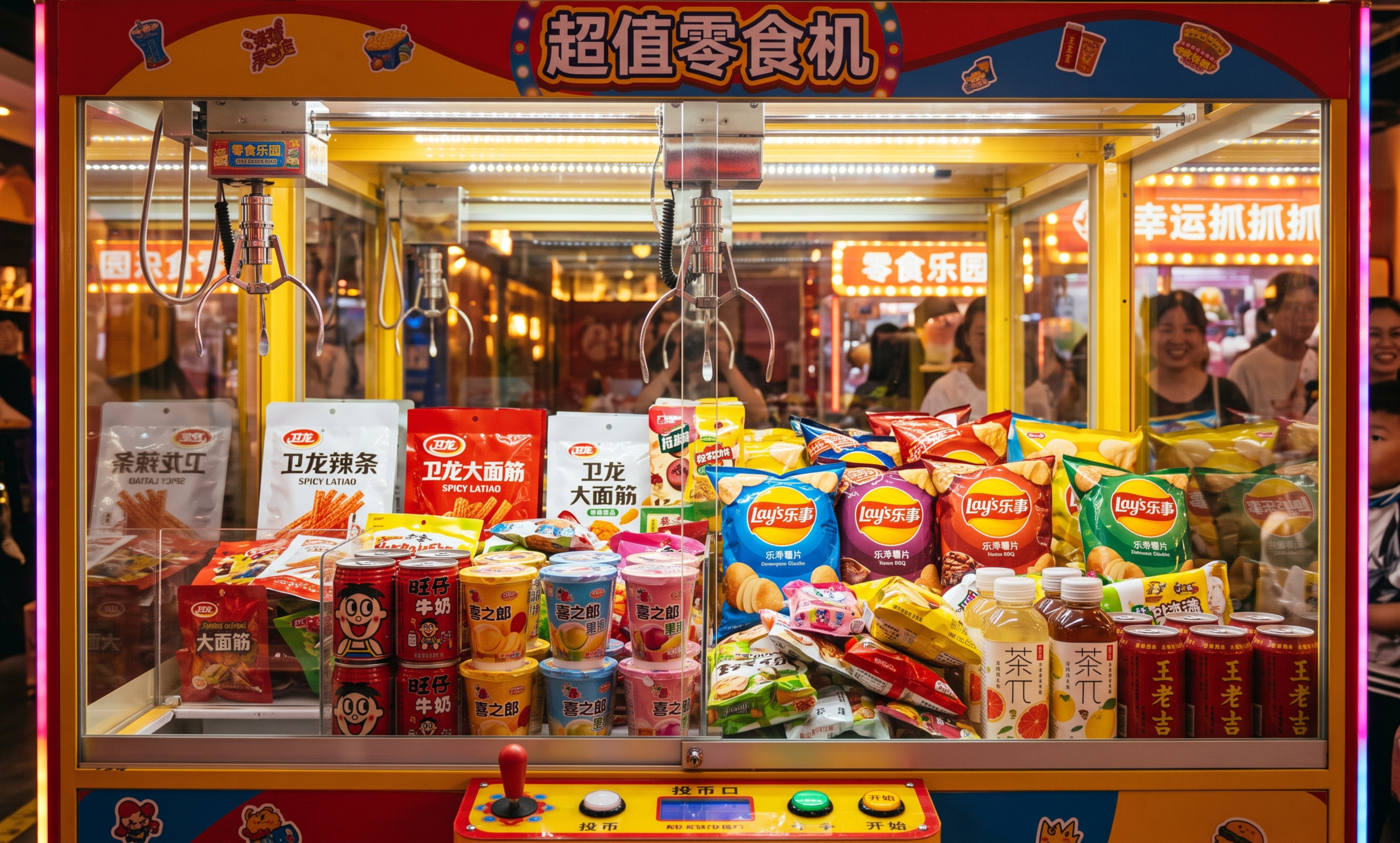 一台娃娃机内部装满各种零食饮料，包含辣条、旺仔牛奶、喜之郎果冻… - 图片创意预览
