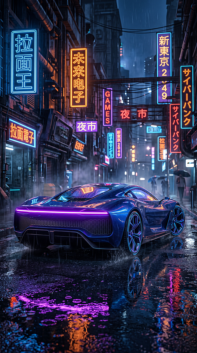 仰拍视角，深蓝色流线型未来概念超跑，流线型空气动力学车身，亮面烤漆车漆，弧形车顶天窗，贯穿式紫色发光尾灯，车尾大面积散热格栅，大尺寸赛博多辐轮毂；雨夜赛博朋克东方街巷，多层工业管道建筑，悬挂大量蓝橙撞色霓虹中日发光招牌，潮湿积水柏油路面，地面清晰倒映车灯与霓虹光斑，空中飘落雨丝，远处虚化行人剪影，街巷纵深感，朦胧体积雾；电影级摄影，OC 渲染，8K 超高清，极致材质细节，冷暖对比光影，镜头光晕，丁达尔光效，浅景深虚化背景，暗调氛围感，写实照片质感，竖屏手机壁纸