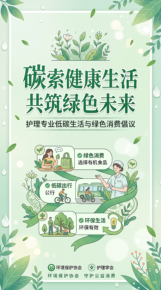 环保主题公益宣传海报，主题为《以“碳”索健康生活，共筑绿色未来——护理专业视角下的低碳生活与绿色消费倡议》，整体风格简约清新，采用绿色环保配色，背景为淡绿色渐变，点缀叶子、水滴等自然元素，主标题“碳索健康生活”居中放置，副标题“共筑绿色未来”，下方标注“护理专业低碳生活与绿色消费倡议”，版式精美，文字清晰，传递绿色环保低碳理念