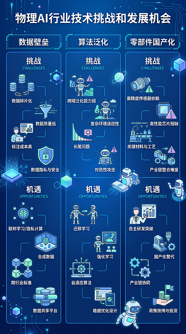 9:16竖版科技示意图，展示物理AI行业技术挑战和发展机会，画面分为三栏分别对应数据壁垒、算法泛化、零部件国产化三个方向，用线条图标搭配深蓝色科技背景，抽象表现行业发展主题