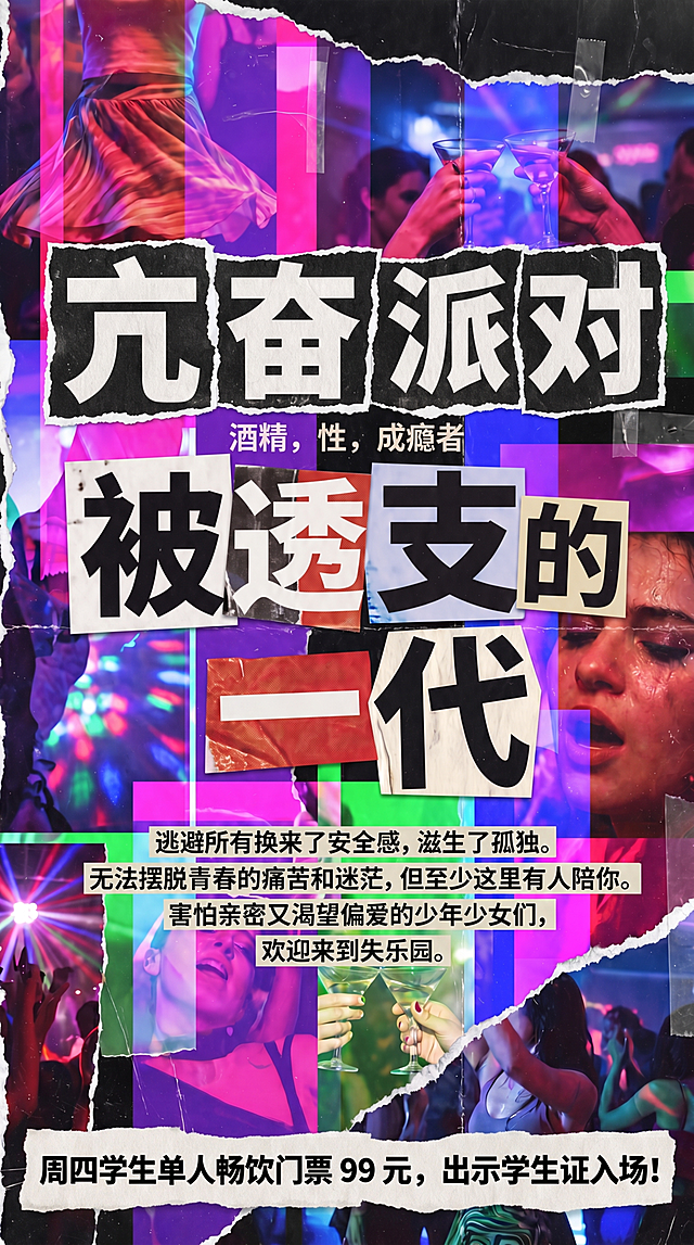 在现有亢奋派对海报底部添加一行撕纸拼贴风格文字"周四学生单人畅饮门票 99 元，出示学生证入场！"，保持原有美剧《亢奋》破碎拼贴霓虹风格，胶片颗粒质感，不改变其他现有内容、构图和色彩