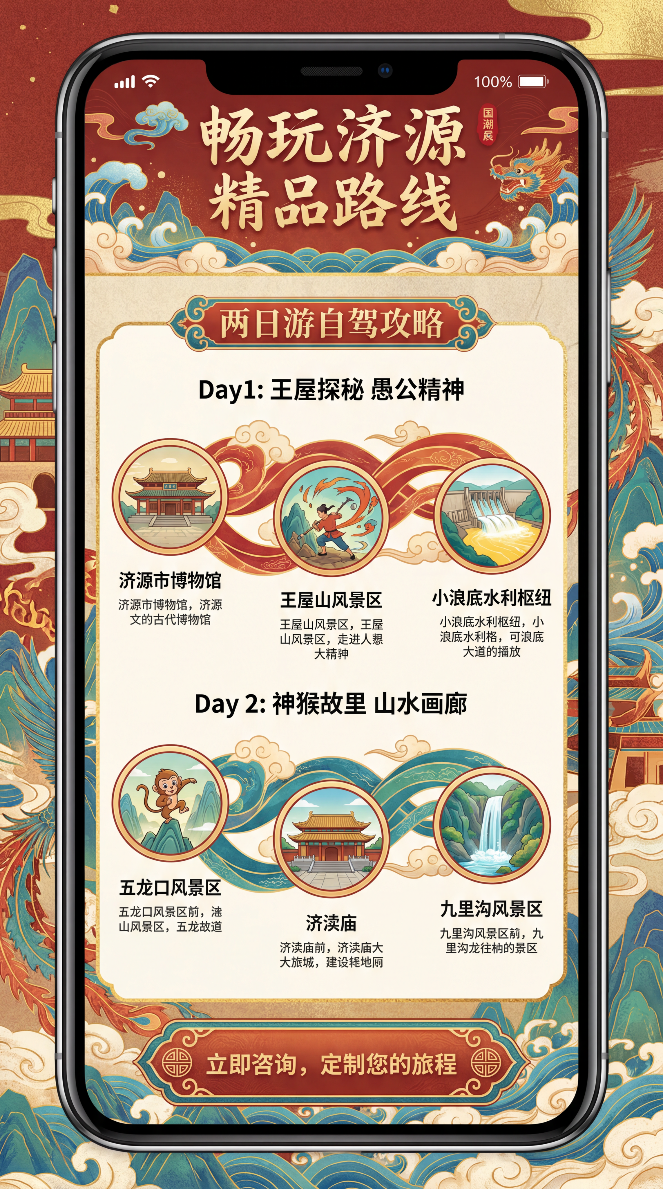 国潮风济源文旅路线攻略页设计，页面排版展示两日游自驾路线，每天… - 图片创意预览