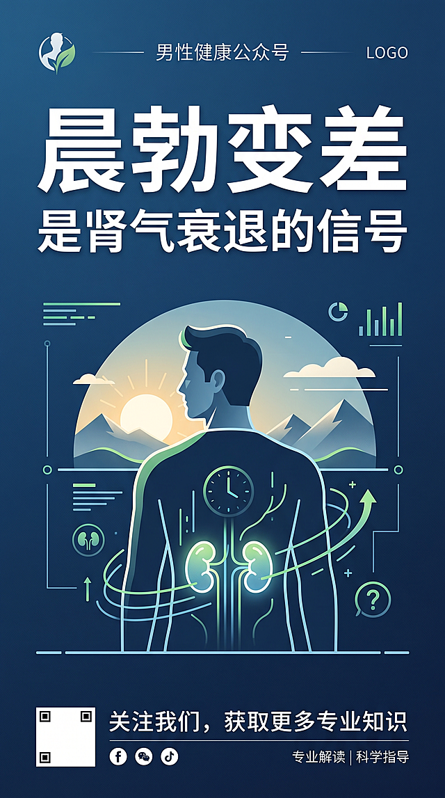 男性健康知识公众号封面海报，简约商务风格，深蓝色背景，核心文案："晨勃变差"，副标题："是肾气衰退的信号"，文字清晰醒目，排版精美，画面9:16比例，专业医疗健康内容调性，信息传达清晰。