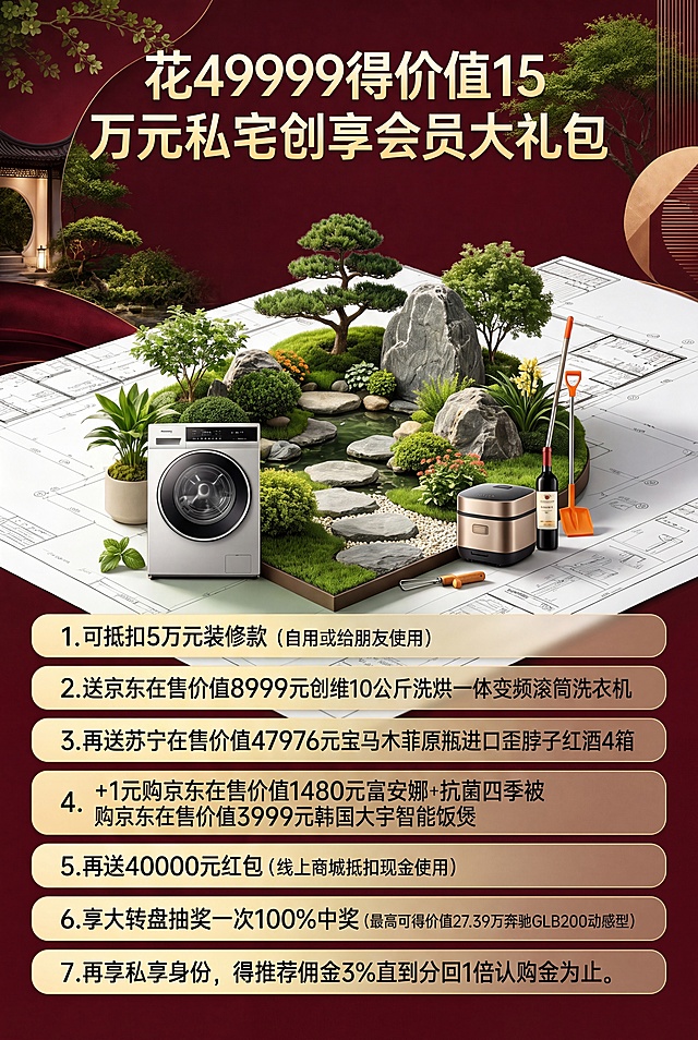 基于第一张海报修改：1. 将海报里的“园林创客会员”替换成“私宅创享会员”，按照第二张图的名称对照表修改所有名称；2. 把背景替换成第三张图的酒红色新中式园林PPT背景；3. 保留原海报的文字内容、布局和原图比例不变