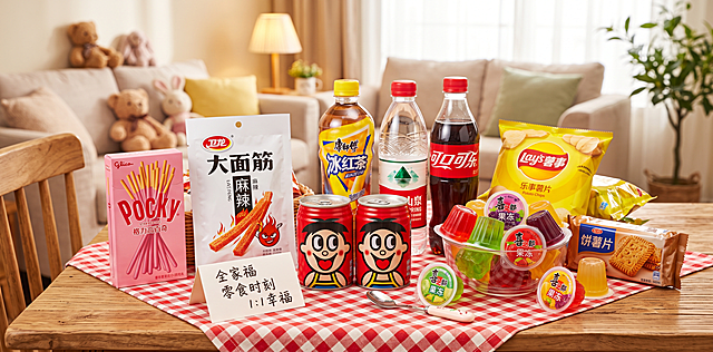 一张宽50cm高25cm的零食饮料全家福图片，包含辣条、盒装饼干、旺仔牛奶、瓶装饮料和喜之郎果冻，画面布局有视觉冲击力，整体风格温馨可爱，色彩饱满明快，构图饱满丰富