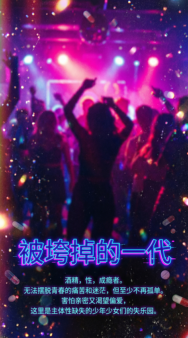 亢奋派对海报设计，参考美剧《亢奋》迷幻霓虹风格，高饱和度粉紫霓虹色块，胶片颗粒质感，浅景深模糊的地下派对人群背景，主标题大字"被垮掉的一代"，副标题文字：酒精，性，成瘾者。无法摆脱青春的痛苦和迷茫，但至少不再孤单。害怕亲密又渴望偏爱，这里是主体性缺失的少年少女们的失乐园。加入药片、光斑、闪粉细碎颗粒元素，迷幻情绪，不完美真实感，符合2026最新设计趋势，4K超清