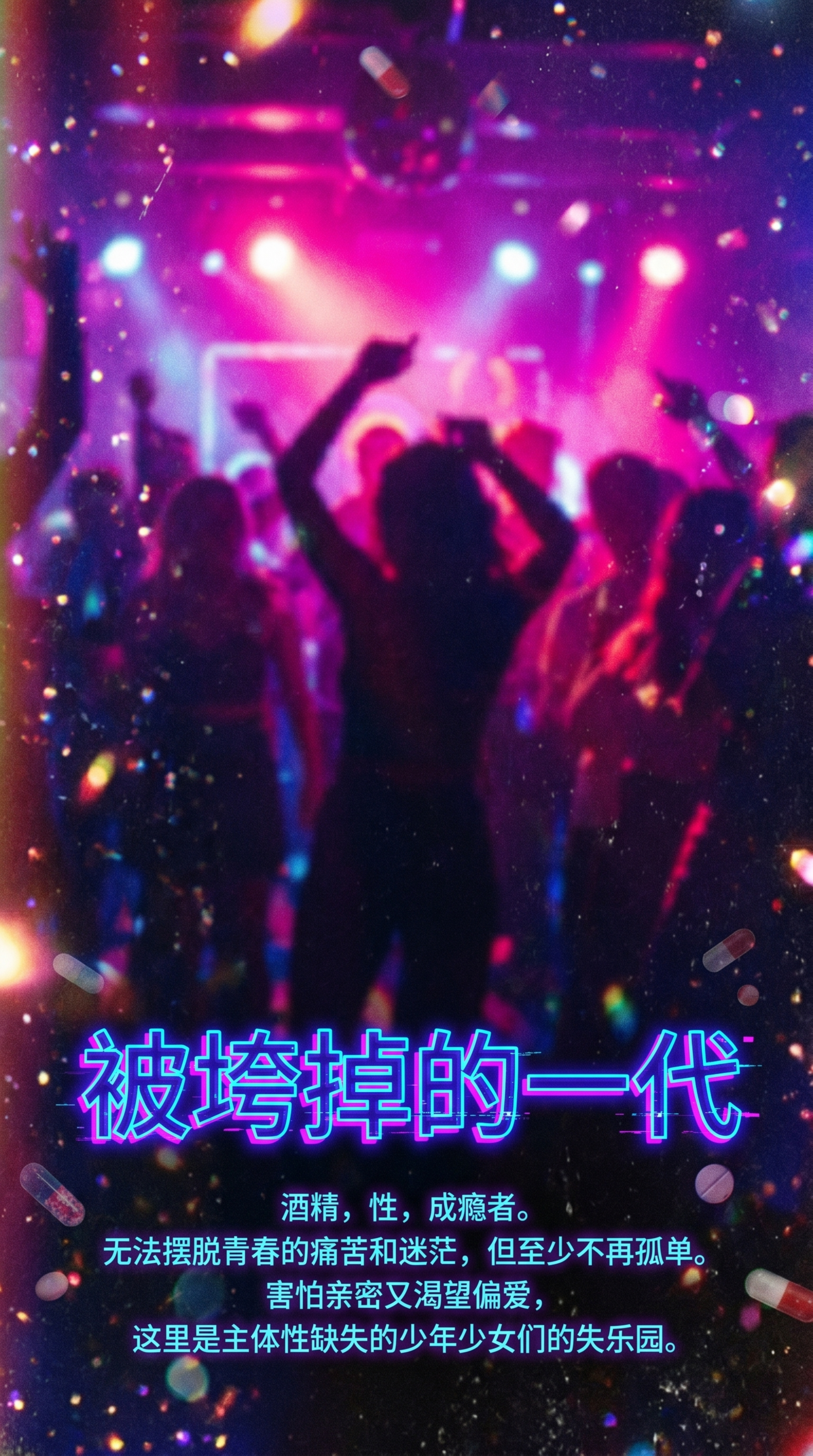亢奋派对海报设计，参考美剧《亢奋》迷幻霓虹风格，高饱和度粉紫霓… - 图片创意预览