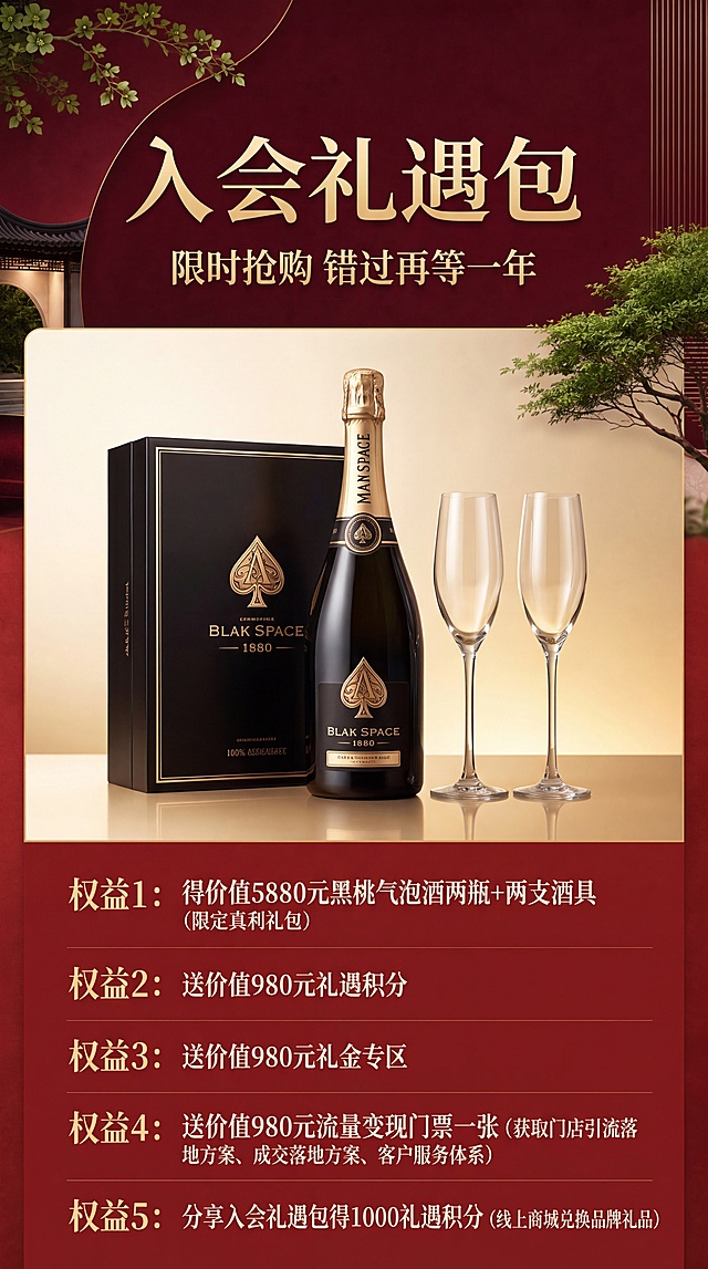 基于原海报图片，按照新命名对照表替换所有对应的名称，将980元福利大礼包改为入会礼遇包，保持原海报内容布局和商品展示，更换背景为提供的新中式红底园林背景图片，保持原海报比例生成
