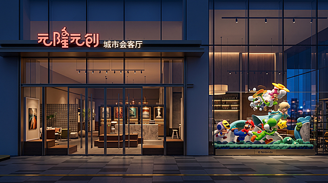 根据建筑外立面草图生成效果图，夜晚场景，五星酒店大堂咖啡吧。门头红色发光字为“元隆元创”，白色发光字为“城市会客厅”，位置保持不变。将马里奥系列卡通图案放在右侧橱窗玻璃，高度不超过左侧玻璃门，内部有柔和优雅灯光，玻璃内部卡通带真实光影，整体为电影级色调。