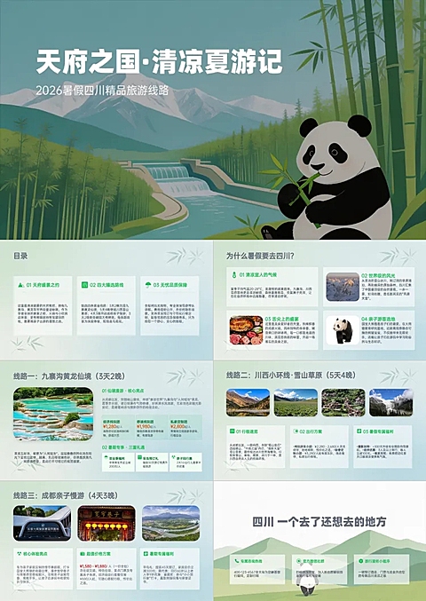 亲子避暑游客产品推介引流清新天府山水风宣讲PPT套装