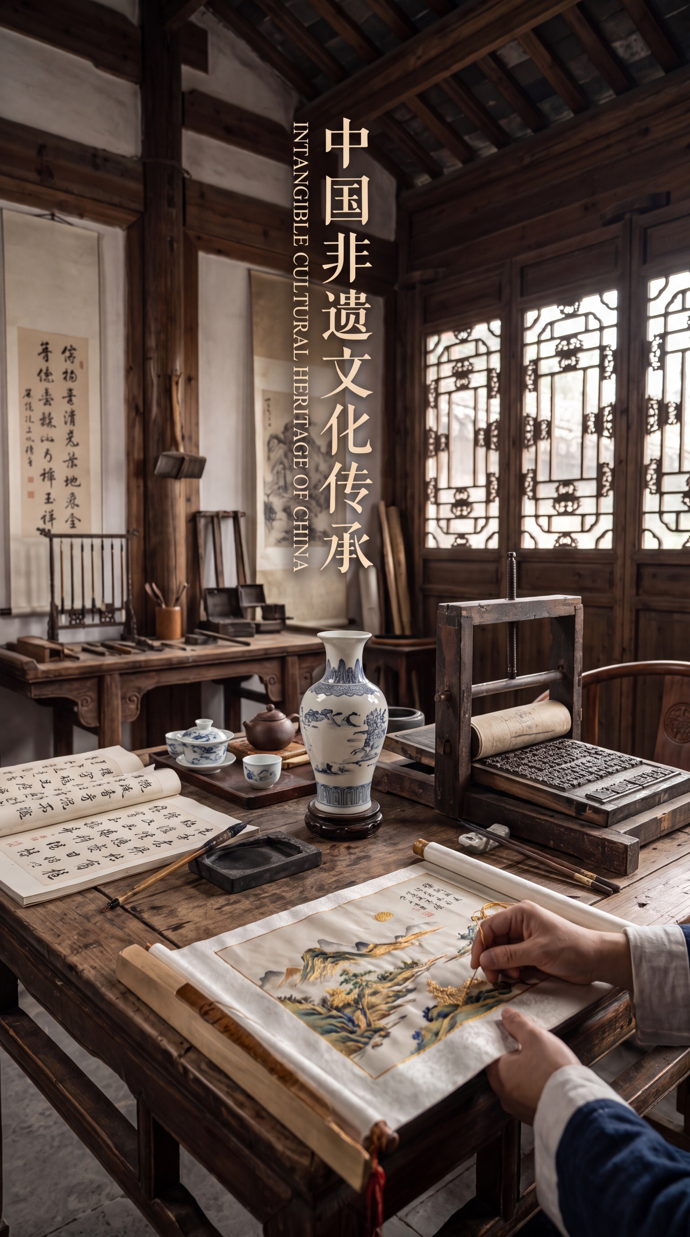 中国非遗文化宣传图，具有传统国风美学，展示非遗手工艺品的细节和… - 图片创意预览