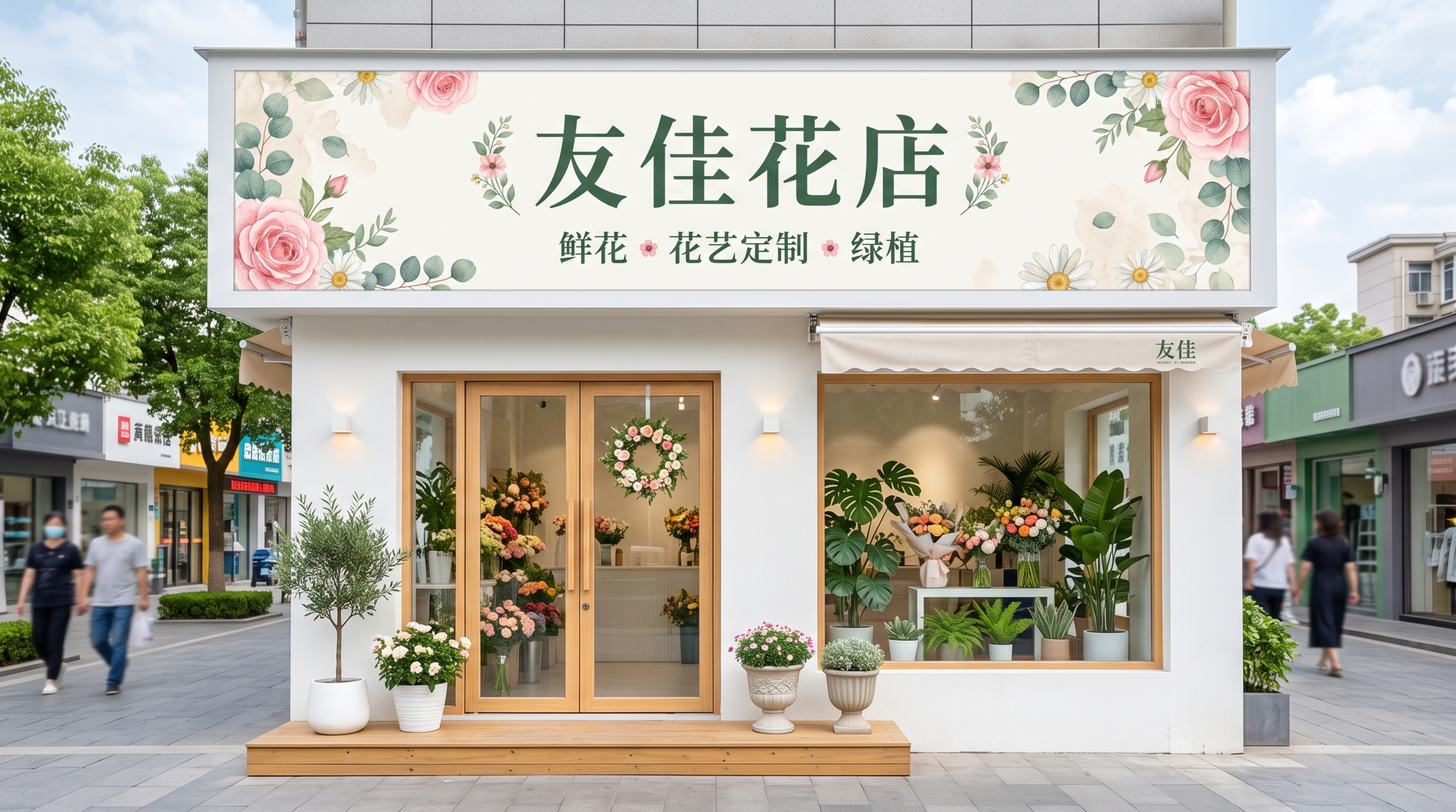 友佳花店门头设计，主标题文字“友佳花店”，副标题文字“鲜花 花… - 图片创意预览