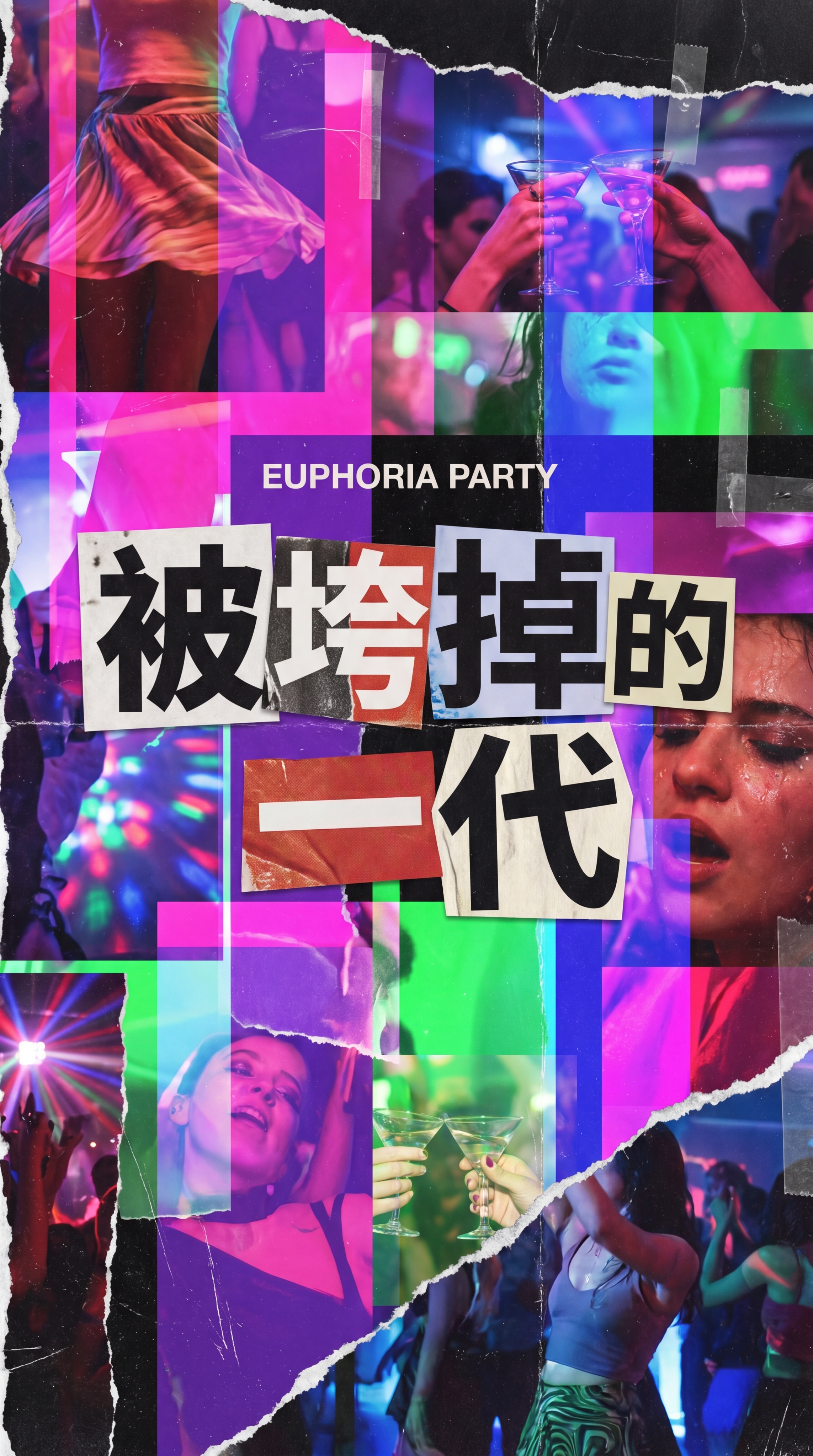 亢奋派对海报设计，破碎拼贴叙事风格，参考美剧《亢奋》，保留拼贴… - 图片创意预览