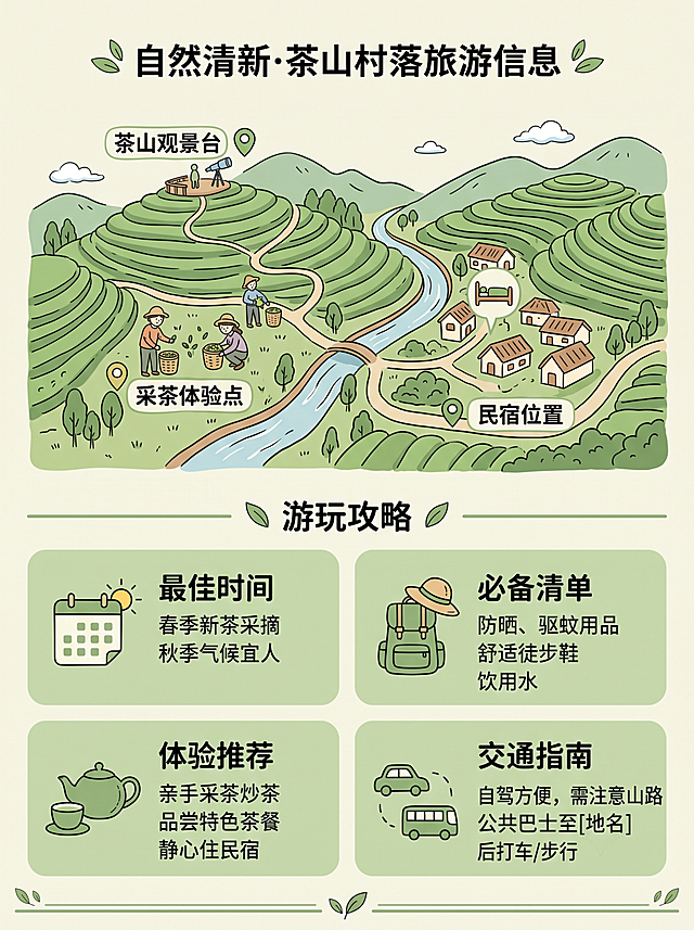 自然清新风格茶山村落旅游信息内页，上方放手绘茶山景点地图标注观景台、采茶体验点、民宿位置，下方用极简图标配文字介绍游玩攻略，低饱和绿色区分模块，浅米色背景