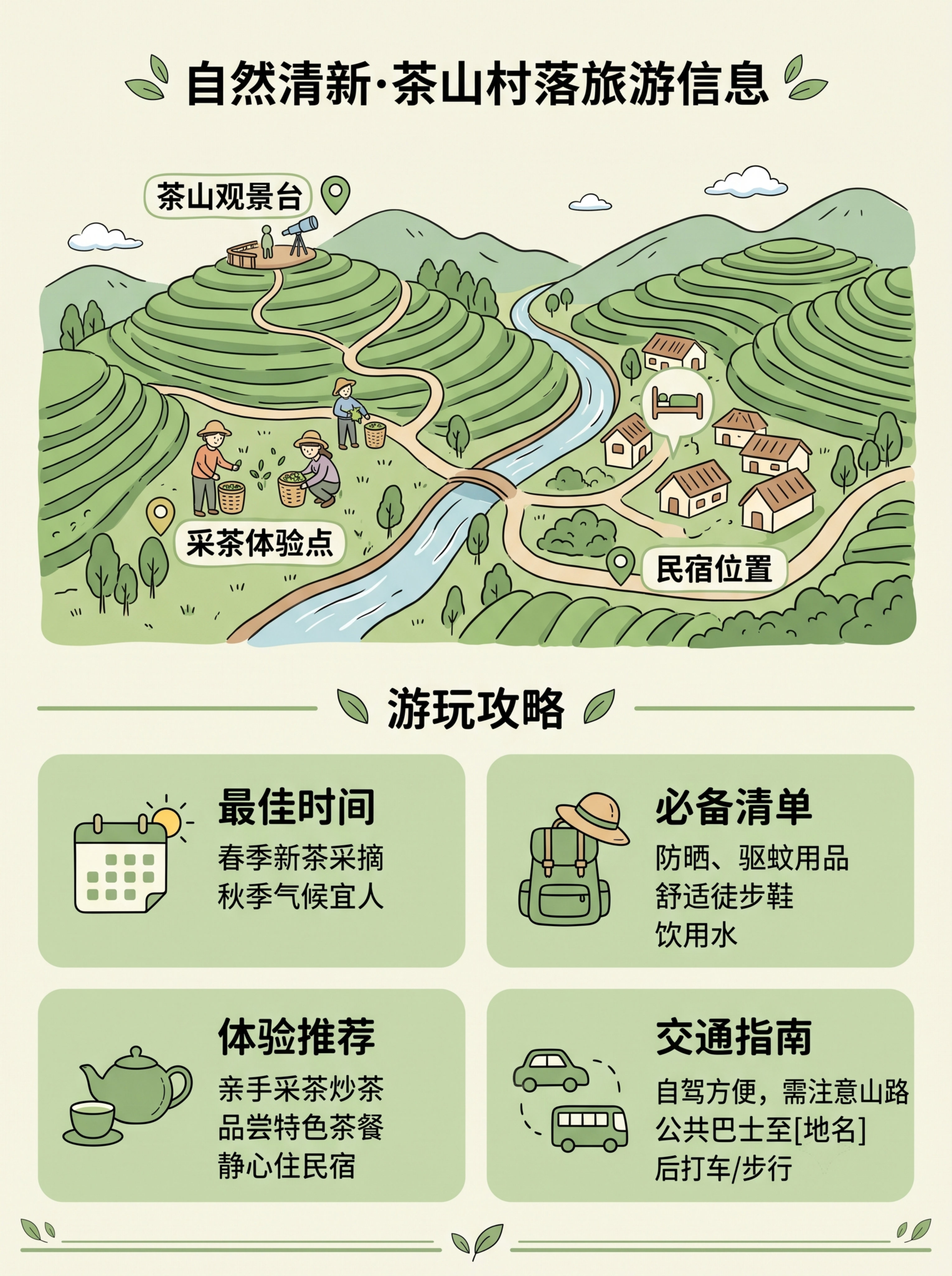 自然清新风格茶山村落旅游信息内页，上方放手绘茶山景点地图标注观… - 图片创意预览