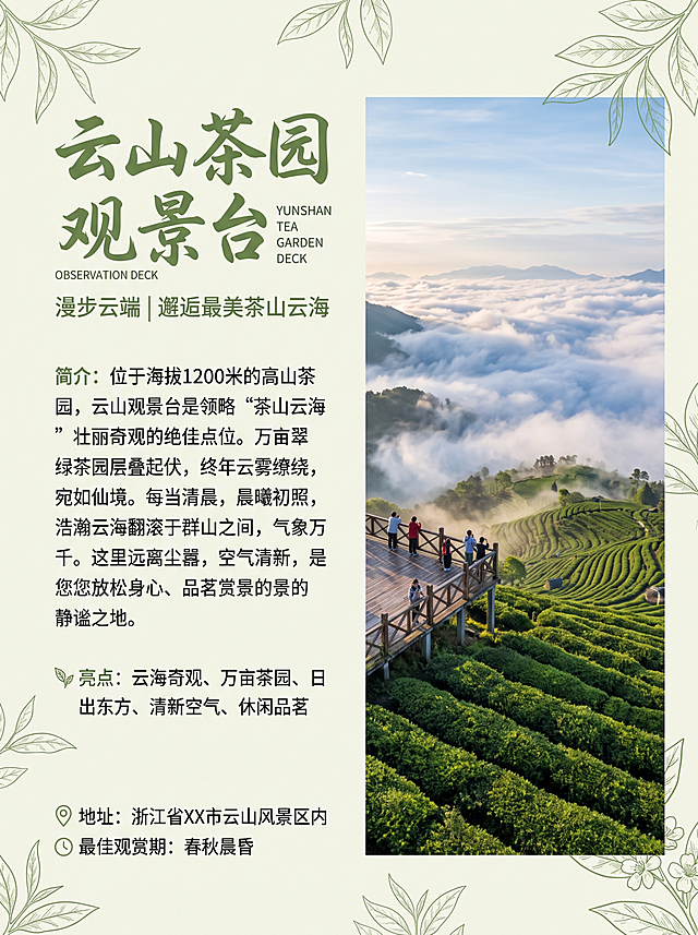 自然清新风格，单个景点介绍单页设计，左侧景点名称加简介，右侧放占据半页的茶山观景台云海实景大图，浅米色背景，点缀茶叶线稿，排版透气干净