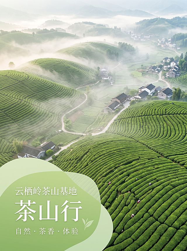 自然清新风格茶山基地宣传画册封面，满版薄雾茶山航拍实景图，浅草绿米白色调，左下角放置村落名称和"茶山行"主题文字，搭配半透绿色蒙版，简约干净，凸显自然绿意