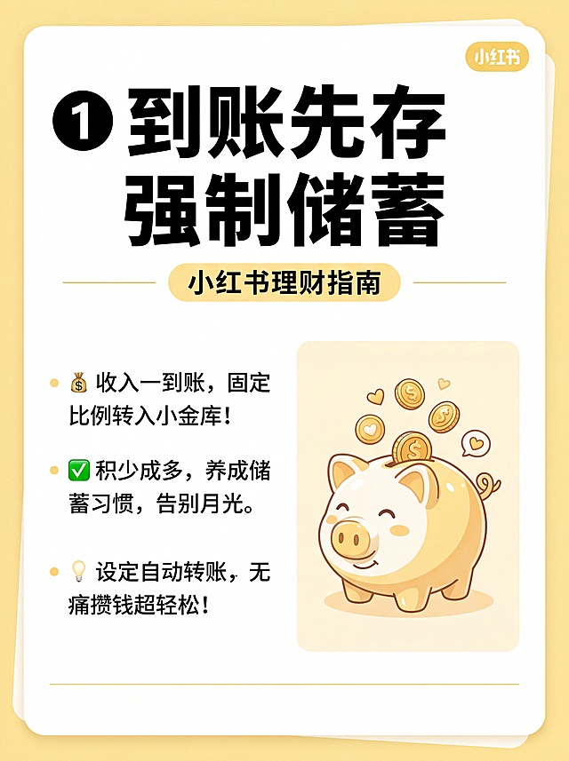 小红书手机竖屏内容配图，和封面统一明亮浅黄+白色色系，视觉连贯。排版清晰规整，上部分标题“❶ 到账先存 强制储蓄”，下部分图文结合：左侧文字讲解省钱方法，右侧搭配可爱存钱罐插画，适配手机竖屏阅读，留白舒适，文字清晰可辨。