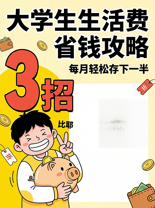 小红书竖版封面，比例适配小红书手机端显示（3:4）。主标题大字加粗：“大学生生活费省钱攻略”，副标题小字标注“每月轻松存下一半”，左侧用超大加粗数字突出显示“3招”，情绪类配图是大学生开心比耶拿着存钱罐的卡通插画，右侧留有大量清晰留白，整体色调为明亮浅黄+白色，风格活泼年轻吸睛，紧扣大学生生活费省钱核心主题，视觉冲击力强。