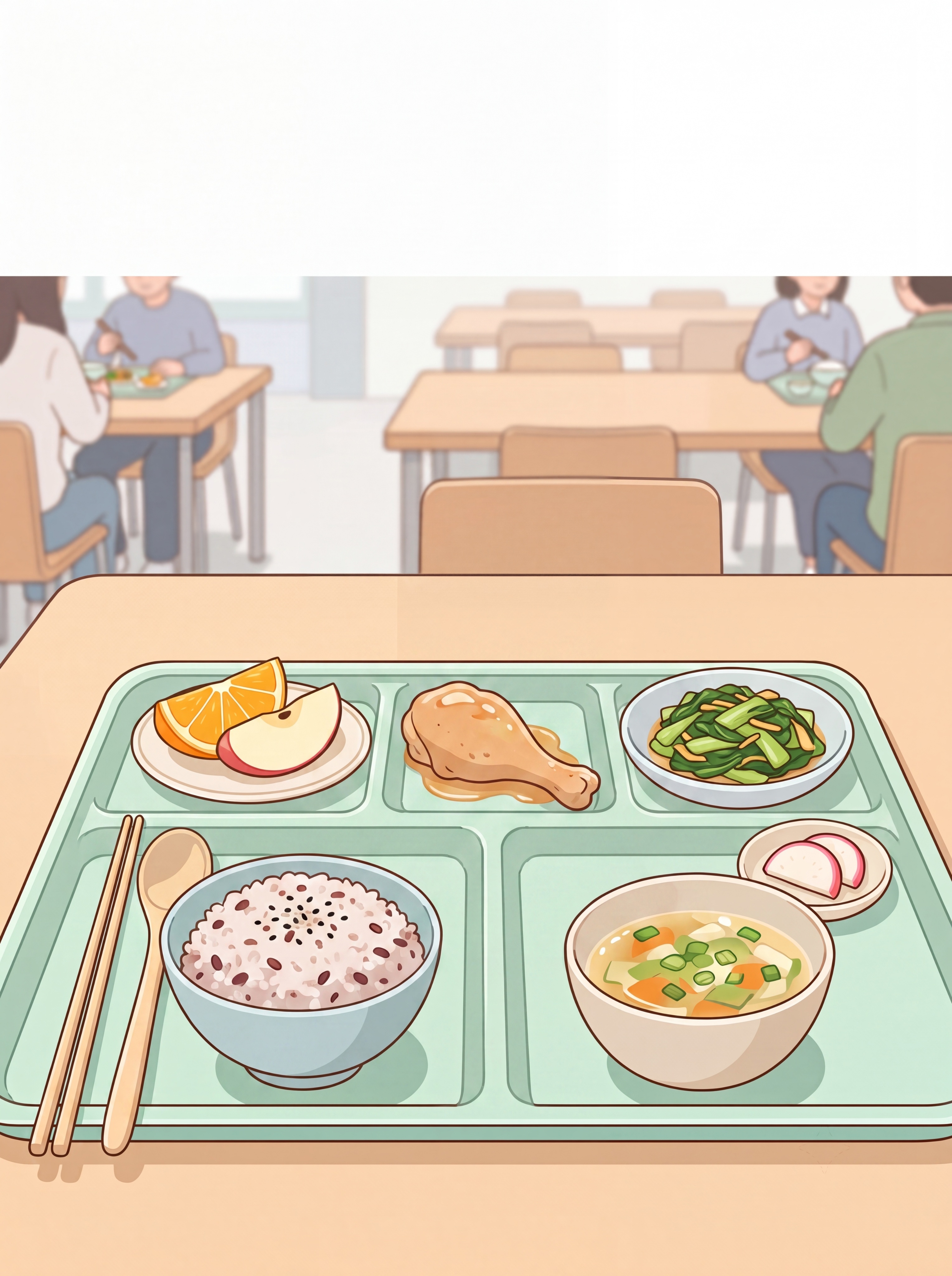 在原清新治愈扁平插画风格基础上，修改餐盘内容，改成大学食堂自选… - 图片创意预览