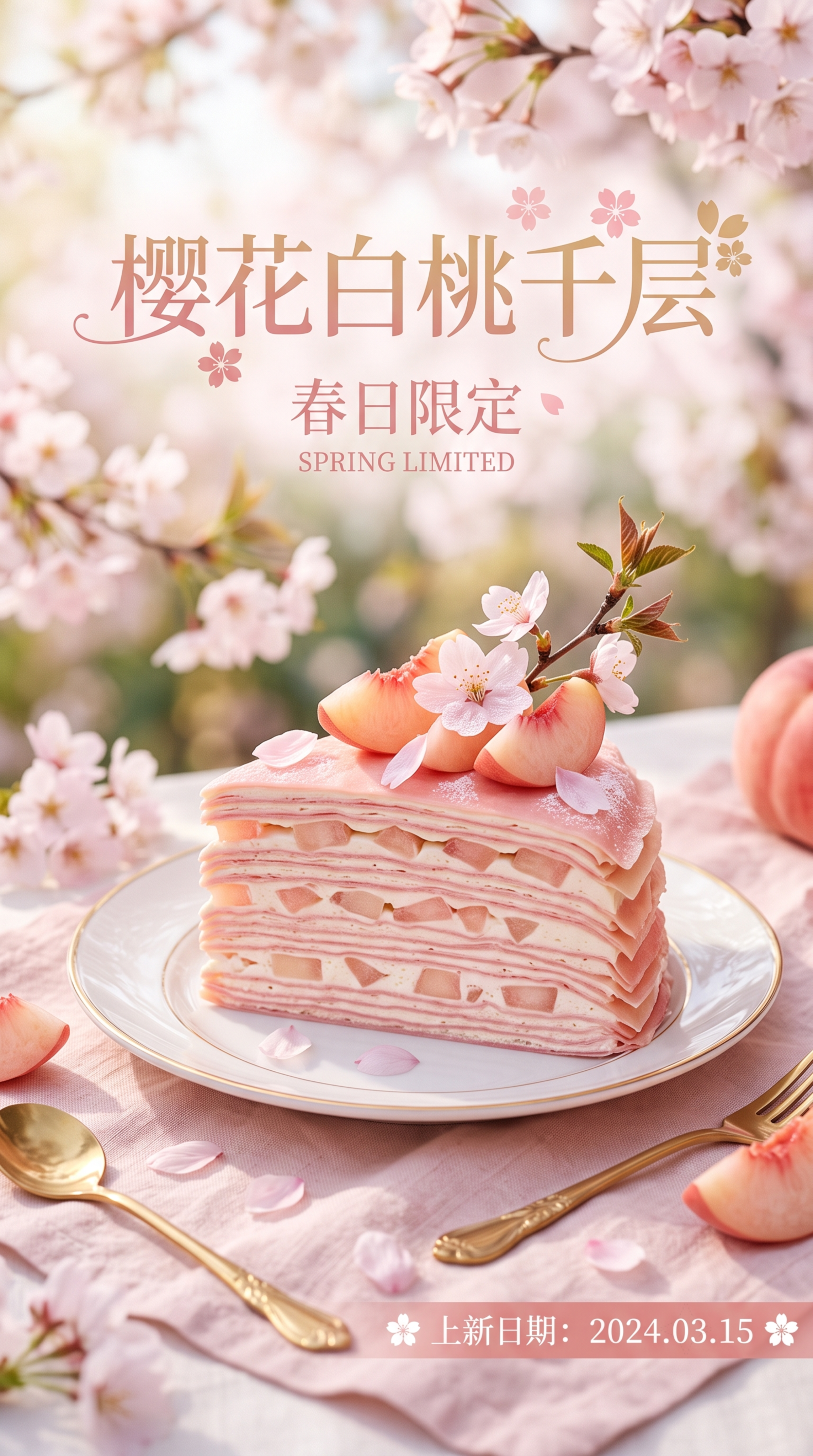春日限定甜品樱花白桃千层封面设计，画面包含主标题“樱花白桃千层… - 图片创意预览