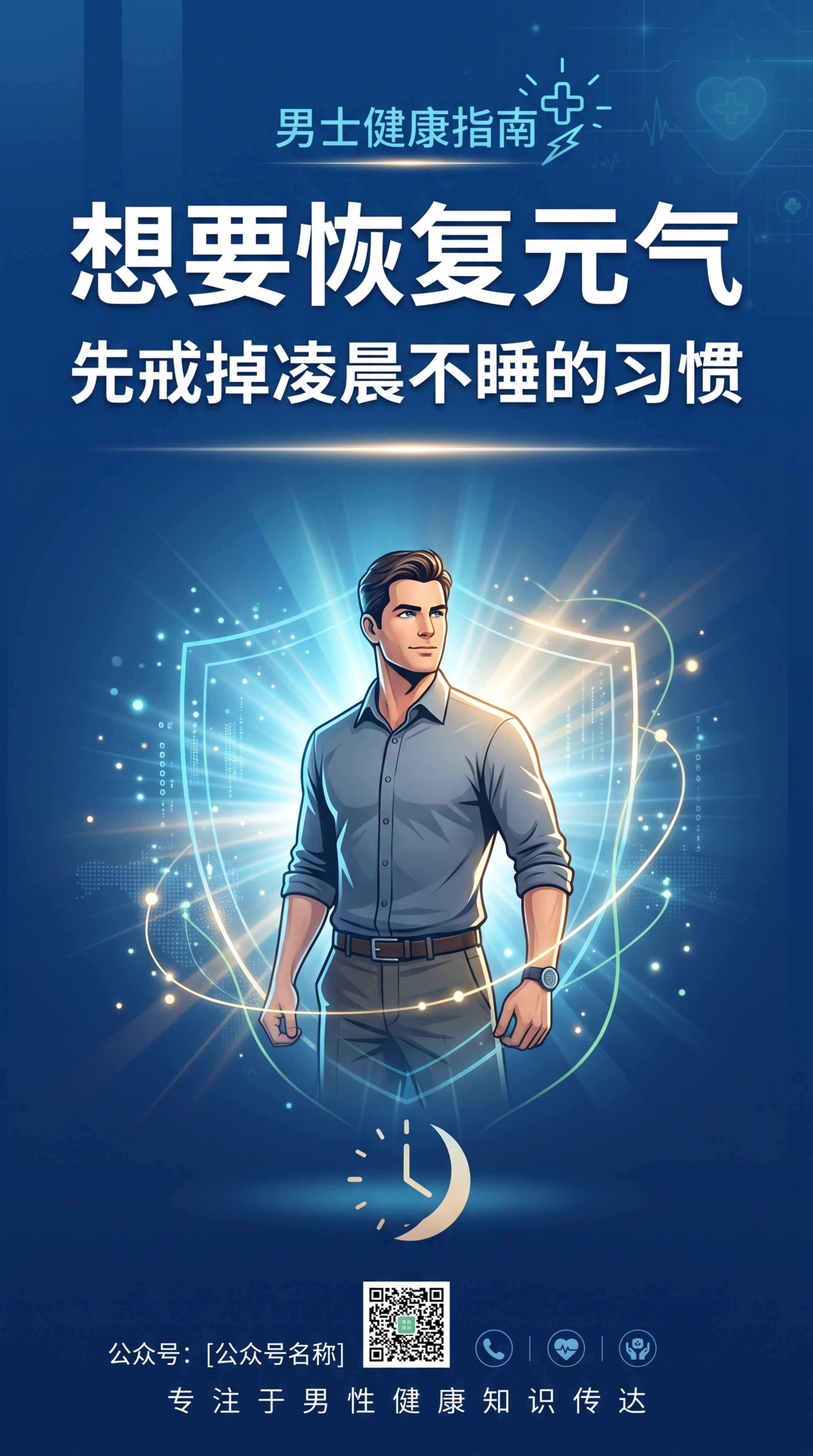 男性健康知识公众号封面海报，简约商务风格，深蓝色背景，核心文案… - 图片创意预览