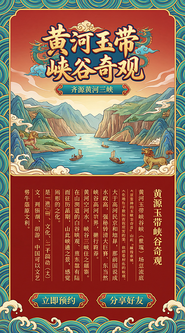 国潮风济源文旅黄河三峡景点详情页设计，国潮手绘黄河三峡高峡平湖景色，顶部标题“黄河玉带 峡谷奇观”国潮书法设计，页面上半图下半文排版，搭配中式波浪水纹装饰边框，配色符合国潮风格，适配手机竖屏，底部留互动按钮位置