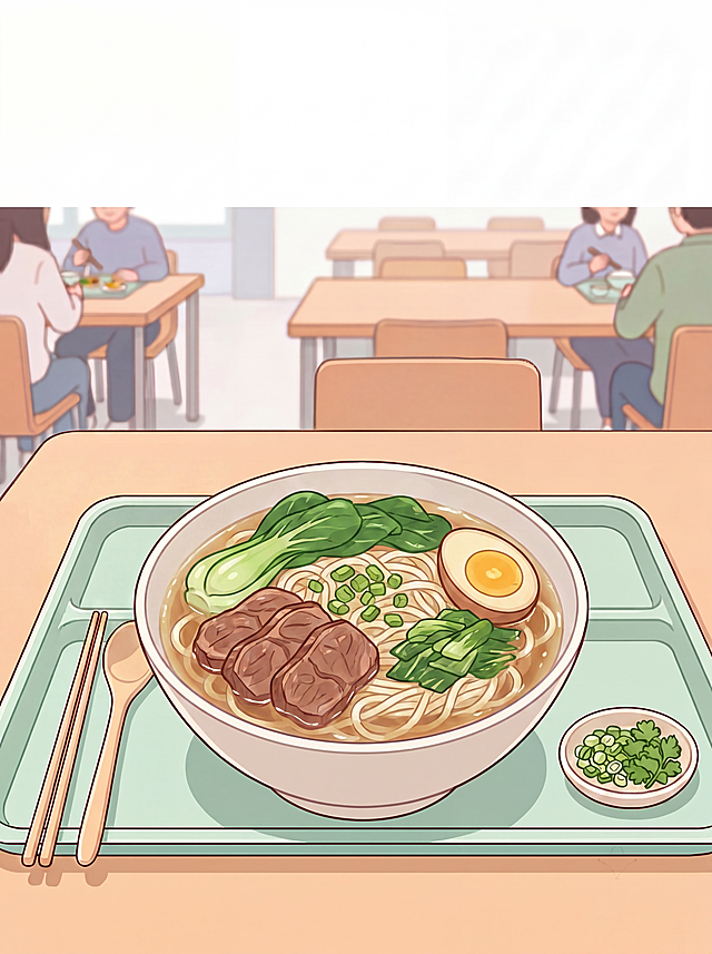 在原清新治愈扁平插画风格基础上，修改餐盘内容，替换为大学食堂面食窗口的一碗清汤牛肉面，另外添加青菜和茶叶蛋，保持浅薄荷绿+奶白色配色，柔和自然光，干净简约校园日常感，画面上方居中留空方便加大标题，无任何文字，高清细腻