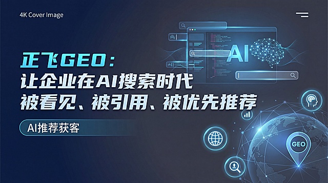 商业科技风横版封面图，主标题为“正飞GEO：让企业在AI搜索时代被看见、被引用、被优先推荐”，副标题突出AI推荐获客，现代科技商务风格，以蓝色和深灰色为主色调，搭配AI搜索交互元素，整体简洁大气专业，分辨率4K，适合做横版文章封面