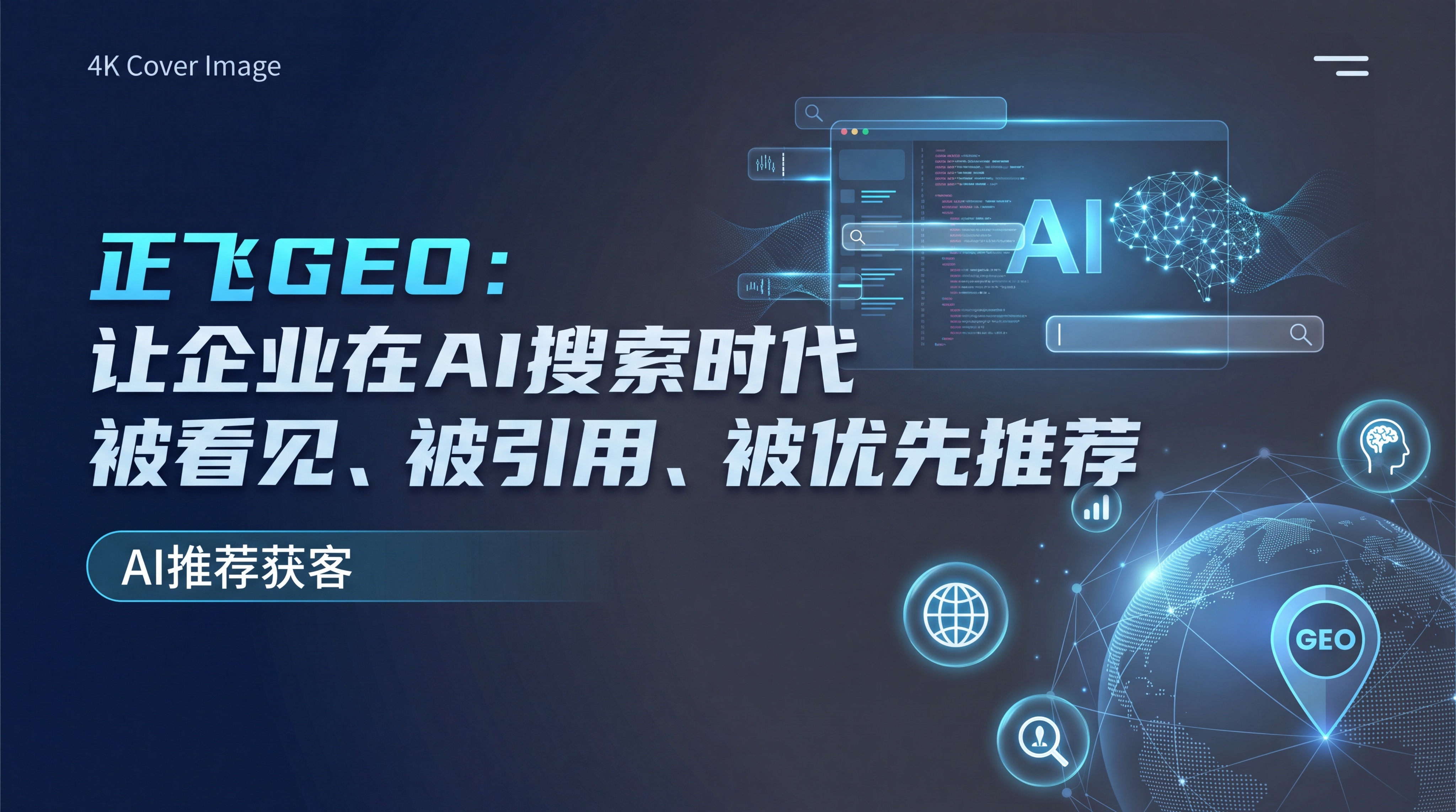 商业科技风横版封面图，主标题为“正飞GEO：让企业在AI搜索时… - 图片创意预览
