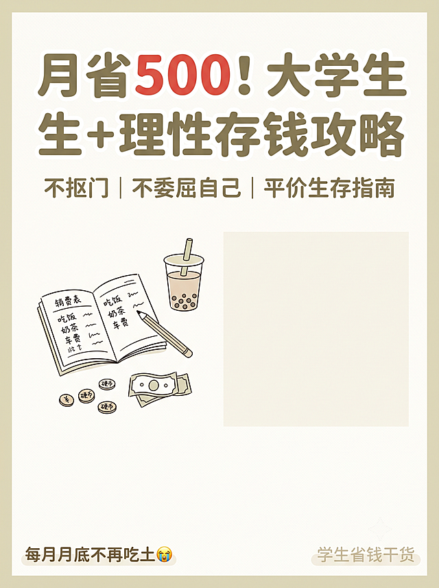 竖版3:4小红书封面图，奶油浅卡其温柔简约风，低饱和奶咖浅卡其配色，干净简约ins学生风。画面左侧手绘简笔画：记账本+零钱硬币+校园奶茶，画面预留大面积留白。顶部加粗圆润主标题“月省500！大学生理性存钱攻略”，下方小字副标题“不抠门｜不委屈自己｜平价生存指南”，醒目红色放大突出数字“500”，角落小字情绪文案“每月月底不再吃土”，右下角浅水印“学生省钱干货”，字体圆润柔和，画面清爽护眼，适配手机竖屏，视觉重点集中在标题和数字，贴合大学生生活费省钱主题。