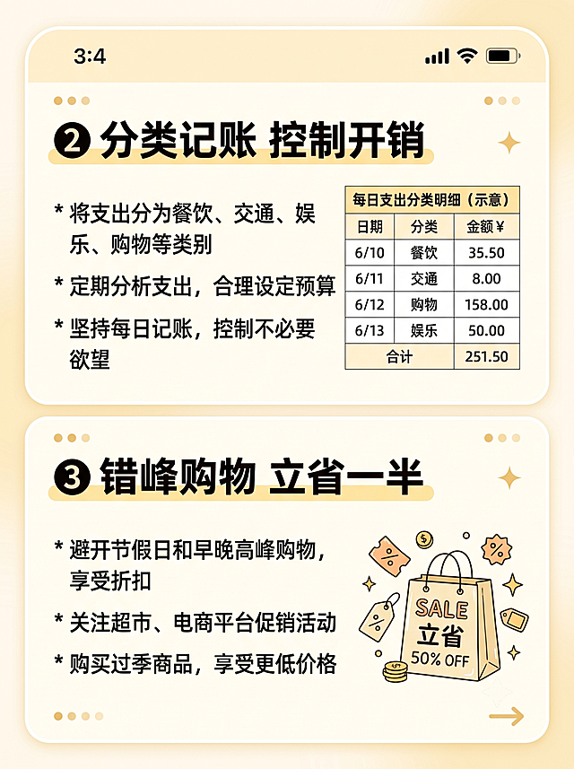 小红书手机竖屏内容配图，和封面浅黄白色系统一。排版分两块展示后两个省钱方法，第一块标题“❷ 分类记账 控制开销”配文字讲解+简约表格示意图，第二块标题“❸ 错峰购物 立省一半”配文字+购物袋小插画，图文清晰规整，适配竖屏手机阅读，风格和封面、第一张内容图保持一致。