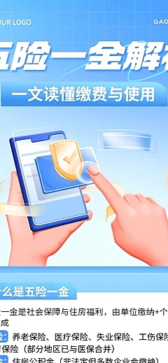 3d卡通五险一金解析人社科普知识分享长图海报