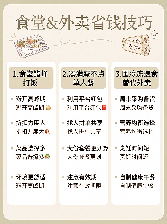 3:4竖版小红书干货内容图，和封面统一奶油浅卡其奶咖色系，温柔简约ins风格。顶部标题“食堂&外卖省钱技巧”，搭配食堂餐盘、外卖优惠券简约手绘插画，分三栏规整文字排版，清晰列出：1.食堂错峰打饭 2.凑满减不点单人餐 3.囤冷冻速食替代外卖，文字分段宽松，留白充足，字体清晰柔和，适配手机竖屏阅读。