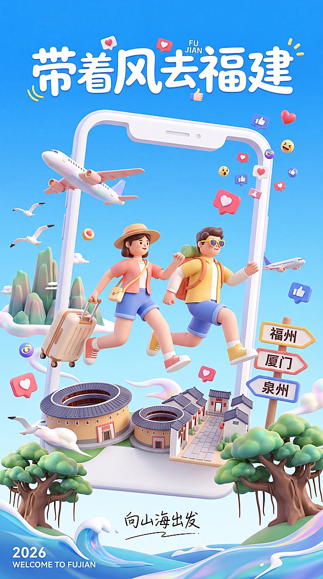 3D风+现代感，手机屏幕跃出旅行人物，融合福建地标与虚拟互动元素，清新治愈系视觉，传递2026福建旅游邀约。