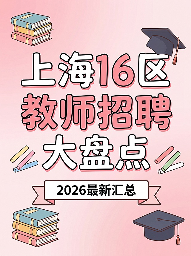 小红书风格封面图，粉色渐变背景，大字标题写着"上海16区教师招聘大盘点"，副标题写着"2026最新汇总"，装饰元素有书本、粉笔、教师帽图标，整体清新可爱风格，字体醒目清晰，高清晰度，3:4比例