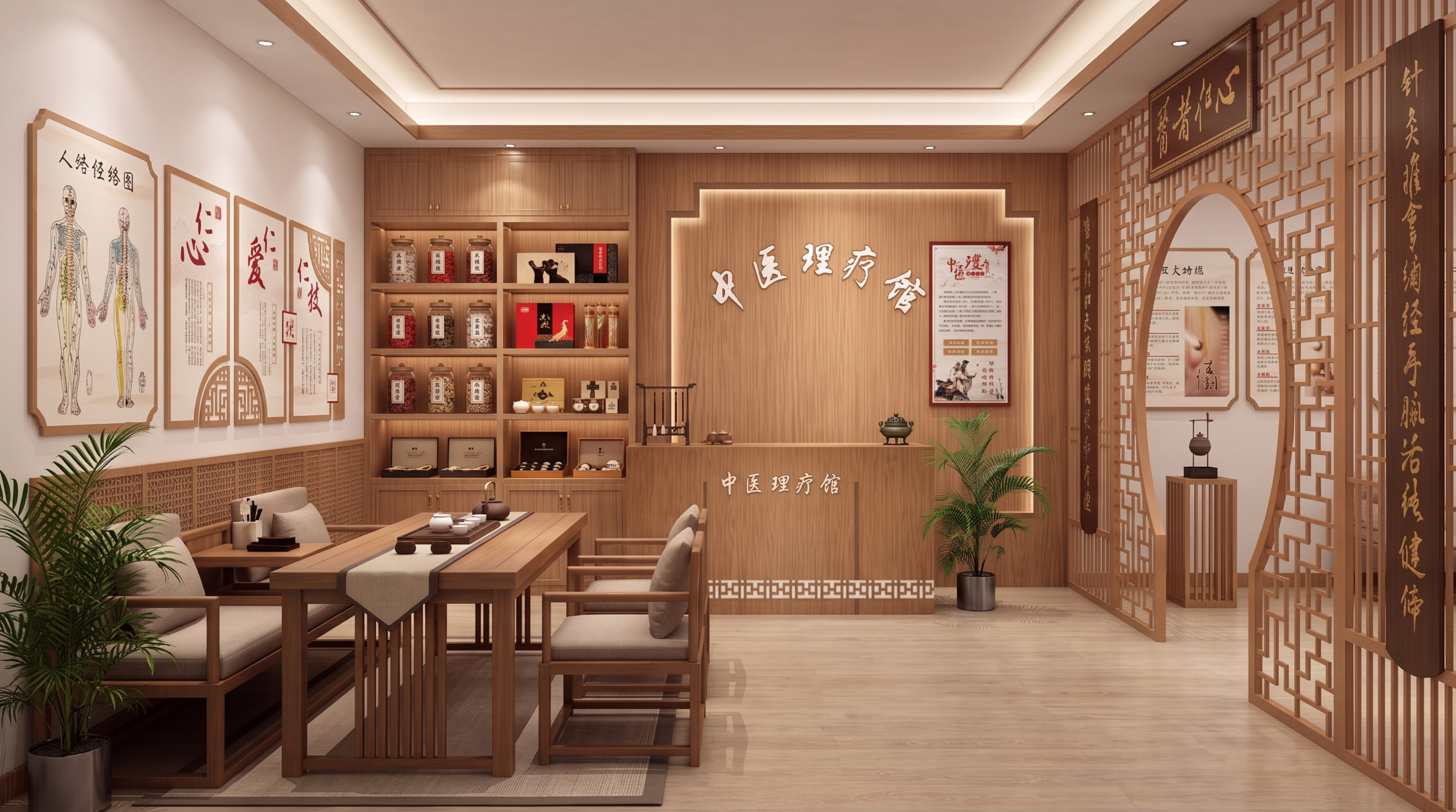 新中式中医馆室内装修效果图，更换布局，增加原木产品展示柜摆放养… - 图片创意预览