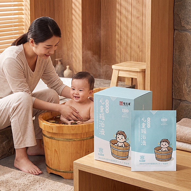 儿童瑶浴液产品，严格参照上传产品图，完整保留所有可见组件、部件、轮廓形状、结构、比例、材质质感、浅蓝色包装颜色与产品本体上的所有文字信息，与上传图完全一致。温馨室内母婴浴室空间，浅木暖调自然色系，中国年轻母亲照料正在泡澡的中国婴幼儿宝宝，自然正面柔和光线，产品受光面泛起浅木暖调、暗部映射木色浅光晕，与环境物理融合。产品放在画面偏右侧，中景特写构图，自然生活氛围，微侧15°视角，生成图保留参考图场景骨架，只替换人物和道具细节，相似度30%。不添加大标题卖点文字，保留产品包装本身的文字。4K 分辨率，严格锁定宽高比为 1:1