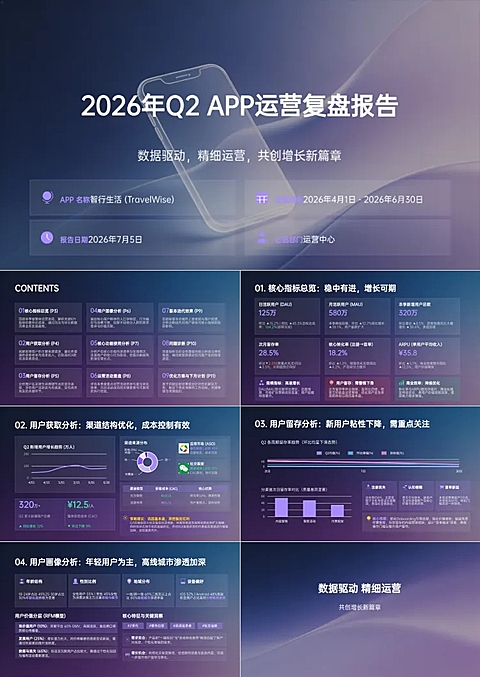 移动互联网运营团队项目季度复盘总结科技数据风汇报PPT