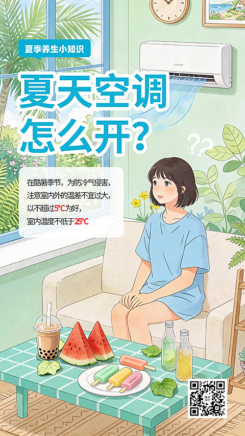 夏季吹空调注意事项养生科普妙招卡通插画手机竖版海报