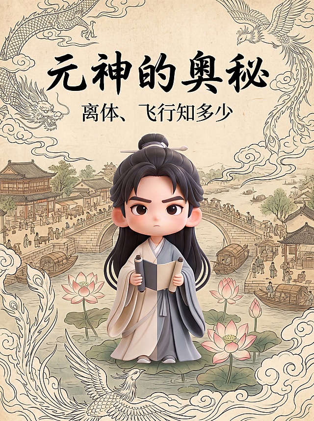 以上传图片人物的五官为蓝本塑造IP Q版，做视频封面。主标题为"元神的奥秘"，副标题为"离体、飞行知多少"。风格适配标题，整体古色古香，融入宋画、清明上河图风格，添加线描气态龙凤装饰，出水芙蓉意境。