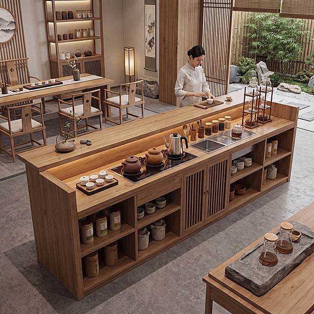 茶室吧台设计效果图，保留原茶室整体风格，设计店员专属泡茶操作区，包含加热煮茶区域或煮茶炉子，预留凉茶冲泡空间，设计简洁实用，与茶室整体风格统一协调