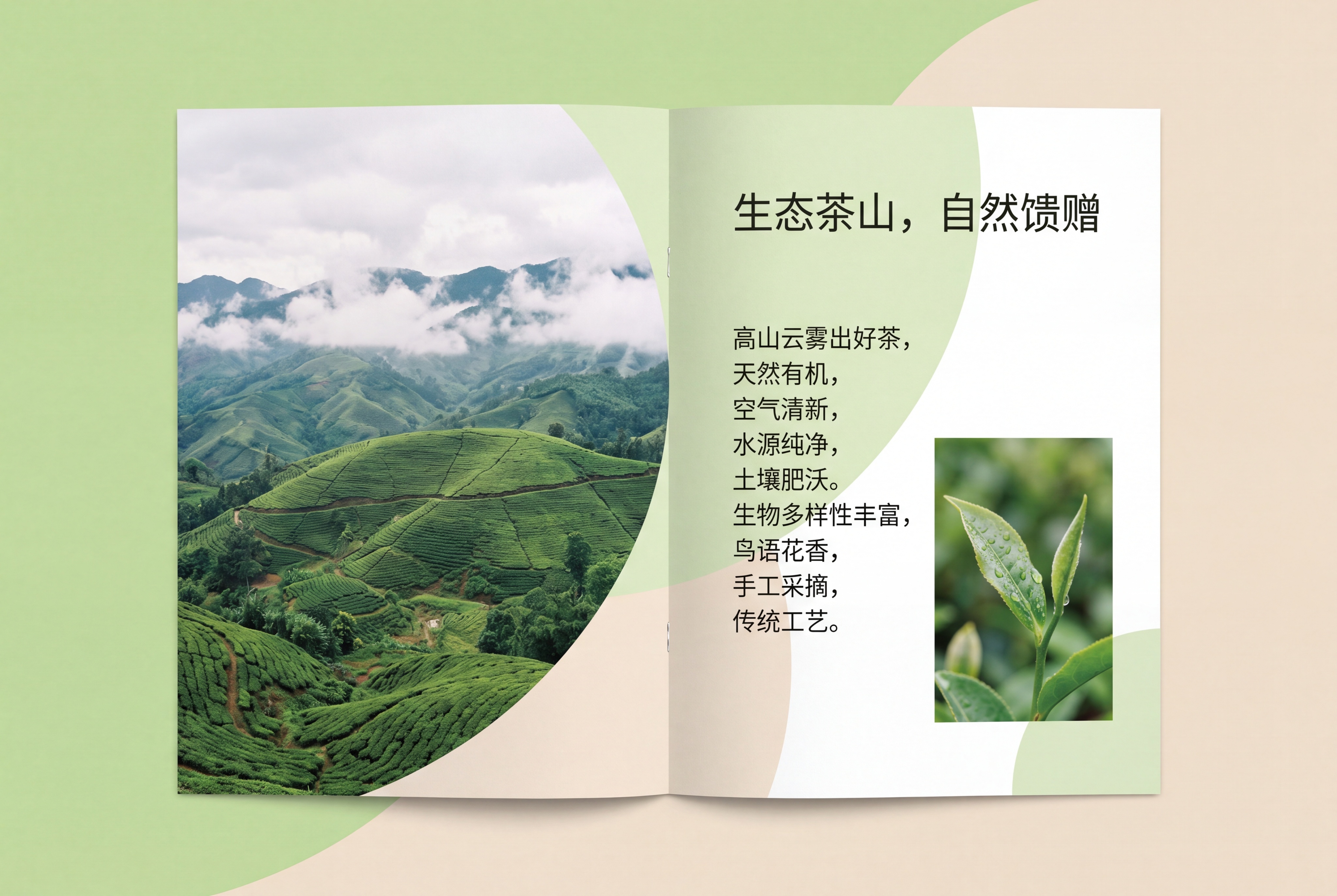 自然清新风格茶山宣传画册跨页内页，左侧整幅茶山叠翠跨页大图，右… - 图片创意预览