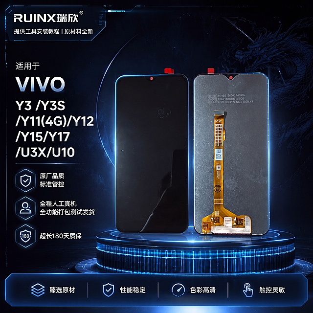 完全复刻原图：RUINX瑞欣深蓝科技风产品图，左上角品牌LOGO与标语'提供工具安装教程 | 原材料全新'，左侧竖排适用机型列表，中部产品置于发光圆台，右侧三个带图标卖点项，底部四功能标签，严格保持原设计、文字、光效与布局，仅输出为JPG格式