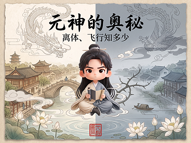 以上传图片人物的五官为蓝本塑造IP Q版，做视频封面。主标题为"元神的奥秘"，副标题为"离体、飞行知多少"。风格适配标题，整体古色古香，融入宋画、清明上河图风格，添加线描气态龙凤装饰，出水芙蓉意境。
