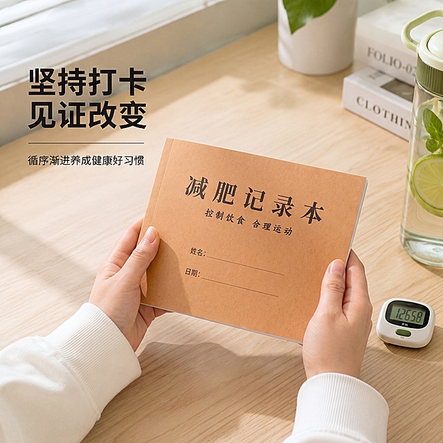 把图中双手所持的竖版减肥记录本替换为图二的横版牛皮纸减肥记录本，保留原图的双手、桌面、绿植水杯体重秤以及左上角文字"坚持打卡 见证改变 循序渐进养成健康好习惯"，整体风格和光影不变
