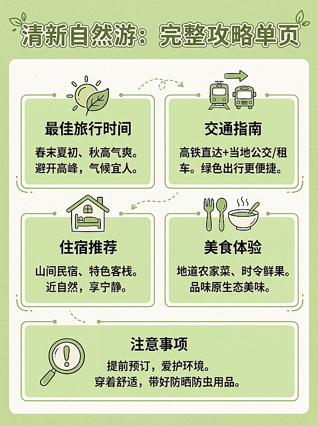自然清新风格，完整游玩攻略单页设计，分最佳旅行时间、交通指南、住宿推荐、美食体验、注意事项五个板块，每个板块配简约手绘小图标，浅绿色块分区，排版清晰易读，保持浅草绿+米白配色